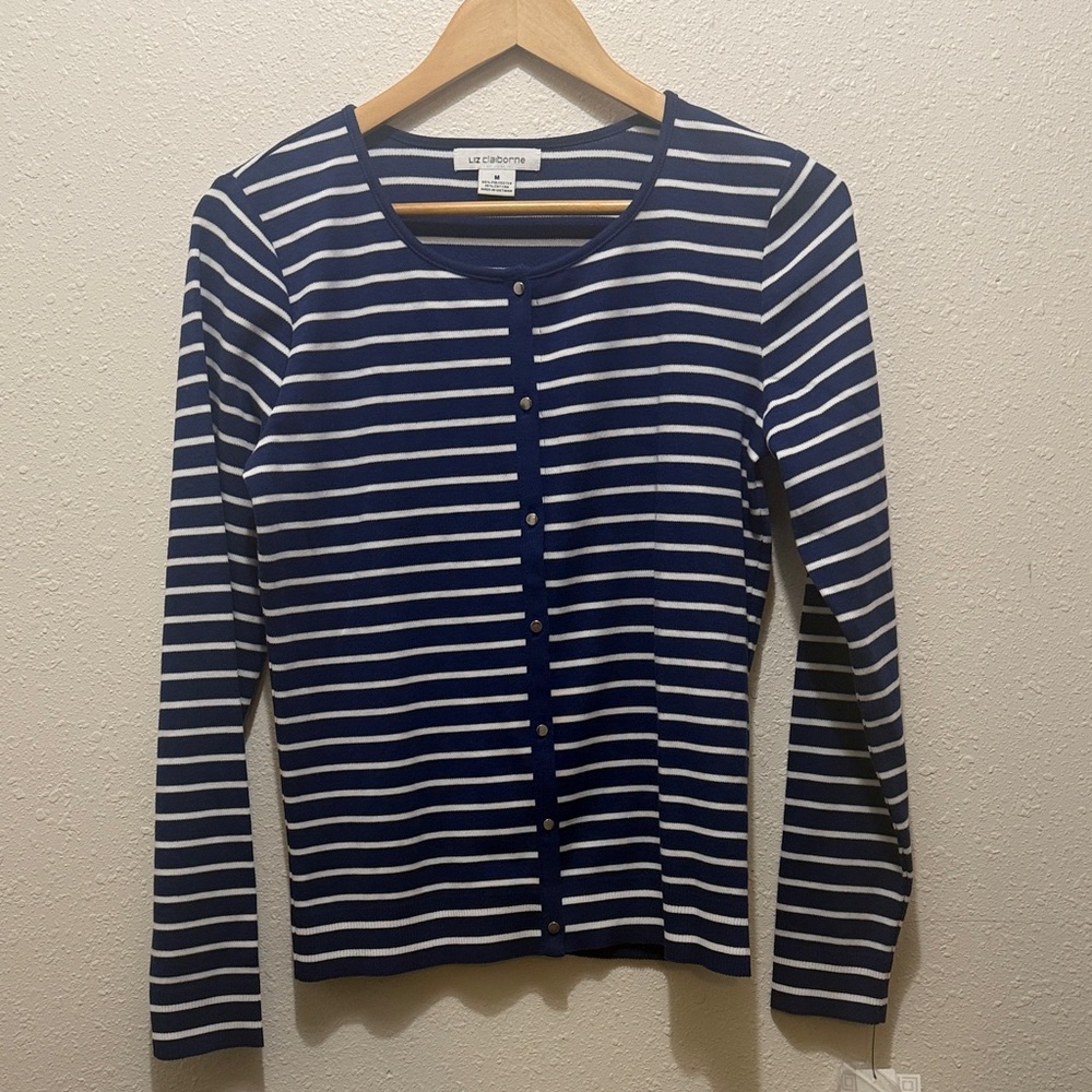 Liz Claiborne Striped Navy and White Cardigan, Size M